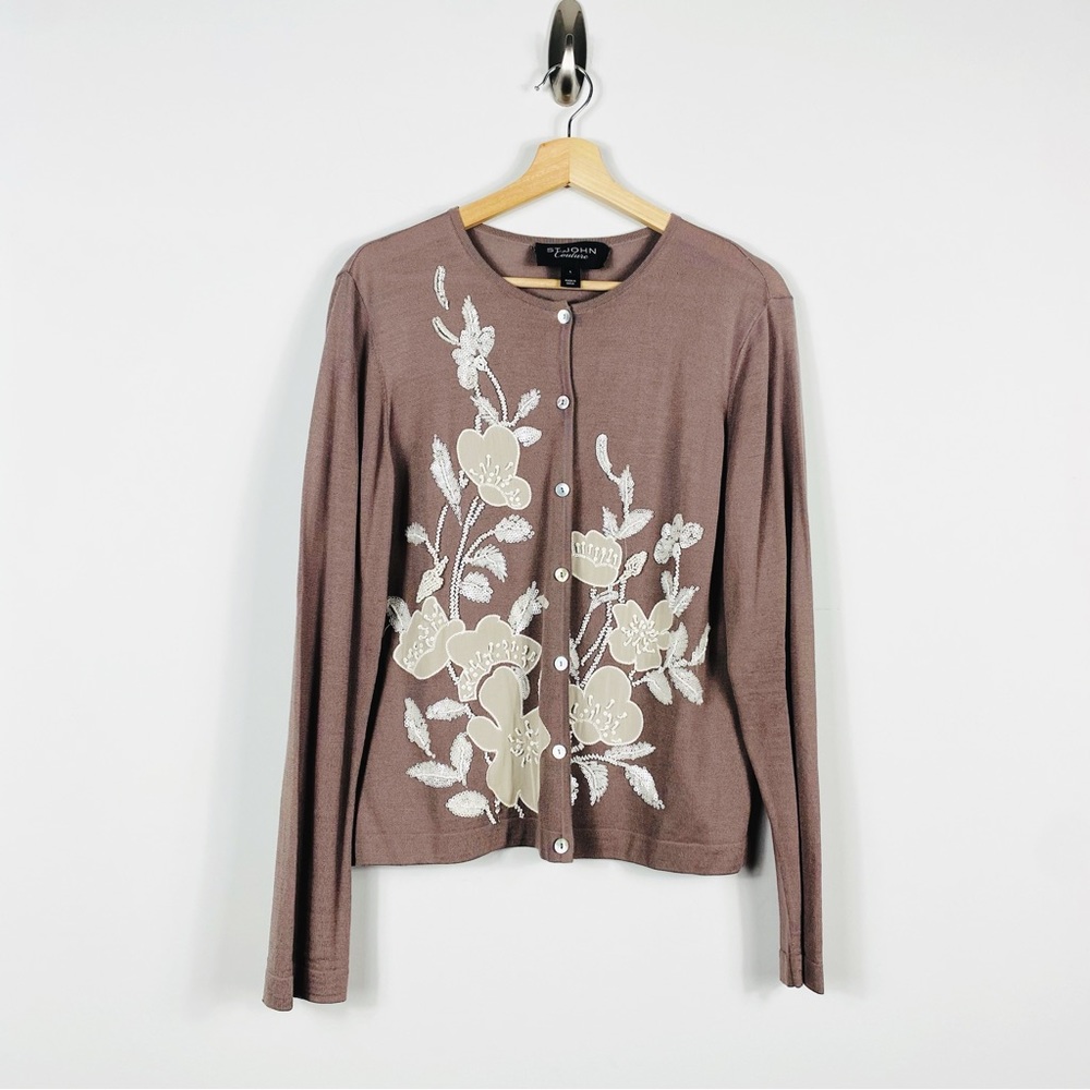 St John Couture Cardigan Beaded Design Wool Blend Knit Women Medium L - Picture 1 of 7